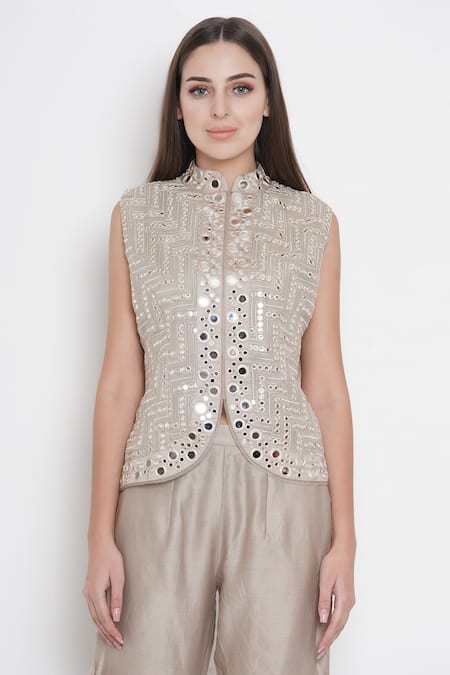 Buy_Twenty Nine_Grey Georgette Mandarin Collar Embroidered Jacket _Online_at_Aza_Fashions
