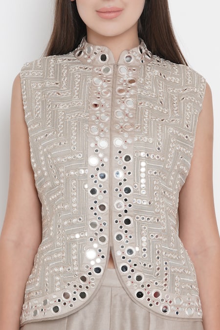 Shop_Twenty Nine_Grey Georgette Mandarin Collar Embroidered Jacket _Online_at_Aza_Fashions