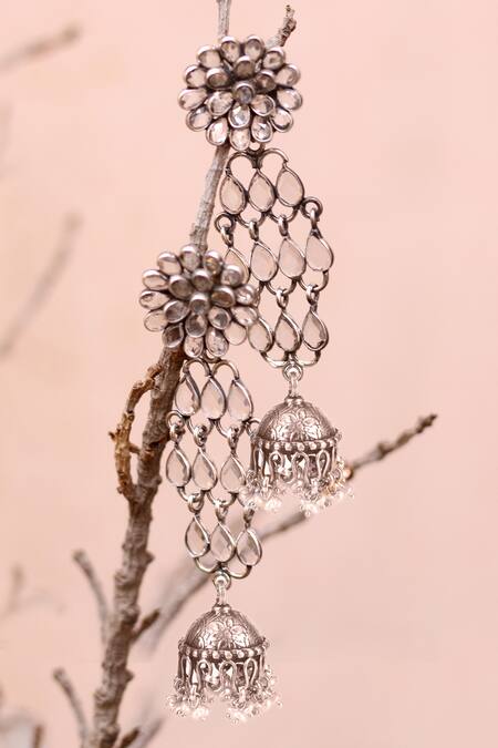 Buy_Sangeeta Boochra_Silver Plated Stones, Beads Handmade Floral Jhumkas _Online_at_Aza_Fashions