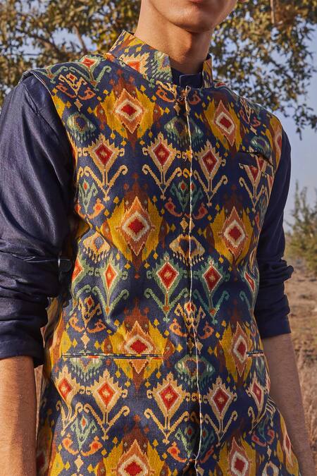 Buy Drishti & Zahabia Blue Chanderi Silk Bundi And Pant Set Online at Aza Fashions Buy_Drishti & Zahabia_Blue Chanderi Silk Bundi And Pant Set_Online_at_Aza_Fashions