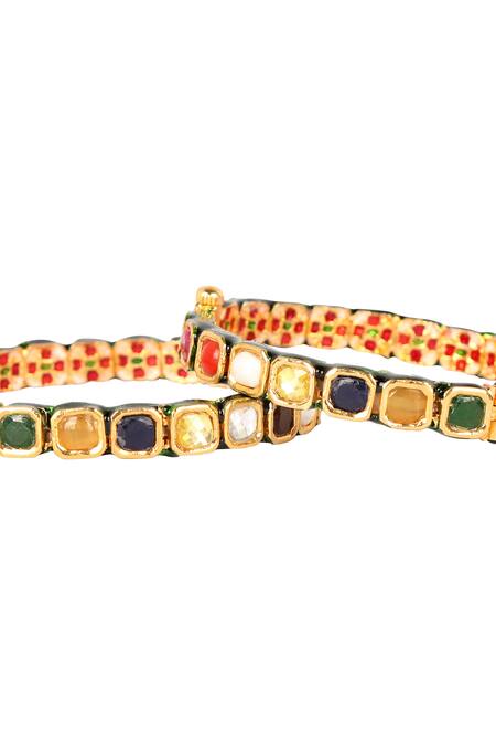 Lotus Sutra_Gold Plated Meenakari Kundan Stone Bangles Set Of 2_Online_at_Aza_Fashions