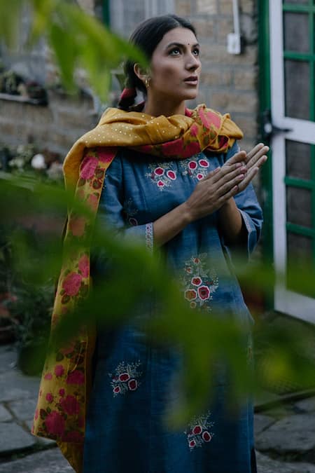 Buy_Label Earthen_Blue Handloom Cotton, Silk Embroidery Kurta And Pant Set For Kids_Online_at_Aza_Fashions