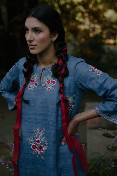 Shop_Label Earthen_Blue Handloom Cotton, Silk Embroidery Kurta And Pant Set For Kids_Online_at_Aza_Fashions