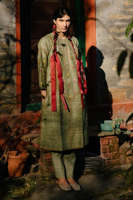 Label Earthen  Handloom Cotton Silk Kurta & Pant Set 