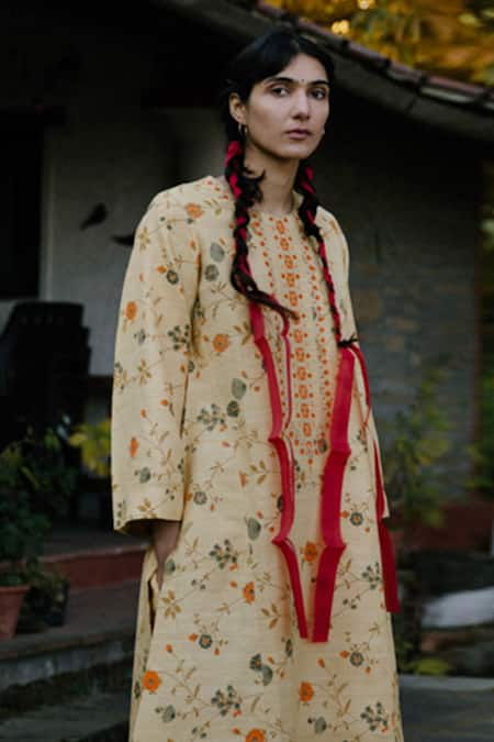 Shop_Label Earthen_Yellow Handloom Cotton Silk Round Kurta And Pant Set _Online_at_Aza_Fashions