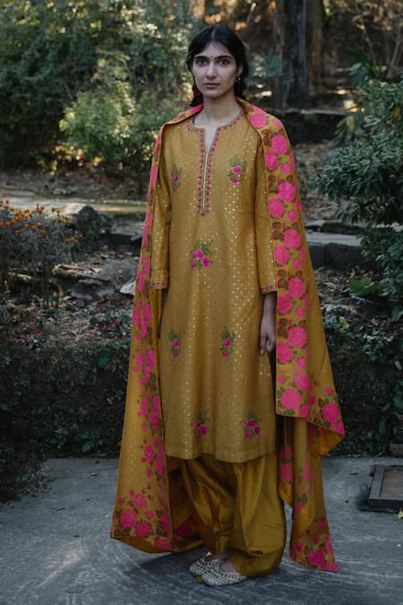 Label Earthen Pashmina Silk Foil Print Kurta Set 