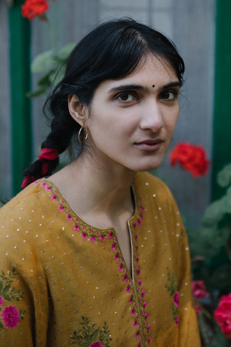 Label Earthen_Yellow Kurta Pashmina Silk Salwar Chanderi Silk Dupatta Foil Print Set _at_Aza_Fashions