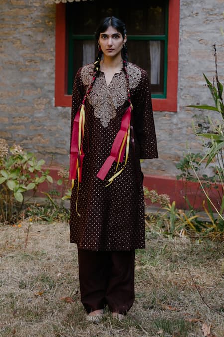 Label Earthen_Brown Pashmina, Chanderi Silk Foil Printing, Zari, Embroidery Kurta Set For Kids_Online_at_Aza_Fashions