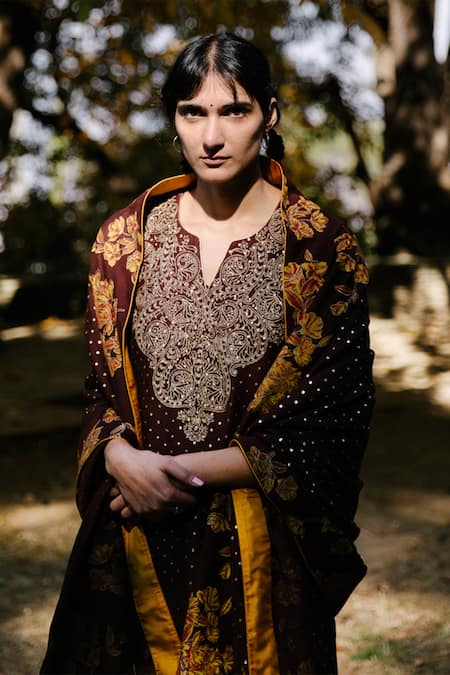 Shop_Label Earthen_Brown Pashmina, Chanderi Silk Foil Printing, Zari, Embroidery Kurta Set For Kids_Online_at_Aza_Fashions