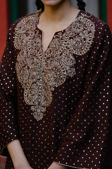 Label Earthen_Brown Pashmina, Chanderi Silk Foil Printing, Zari, Embroidery Kurta Set For Kids_at_Aza_Fashions