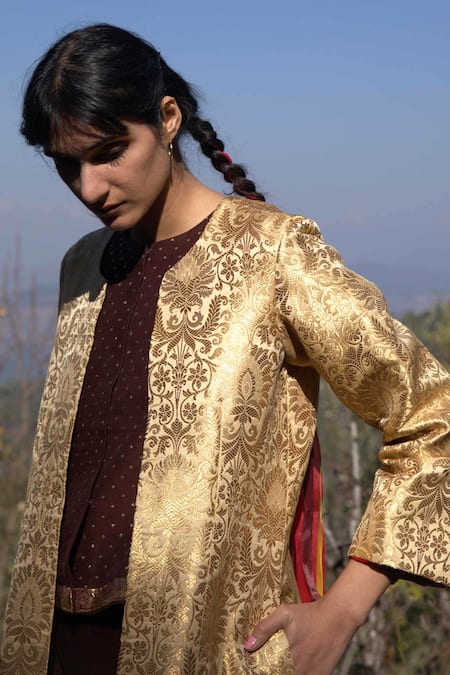 Shop Label Earthen Brown Koti Pashmina Sharara Chanderi Round Jacket And Set at Aza Fashions Shop_Label Earthen_Brown Koti Pashmina Sharara Chanderi Round Jacket And Set _at_Aza_Fashions