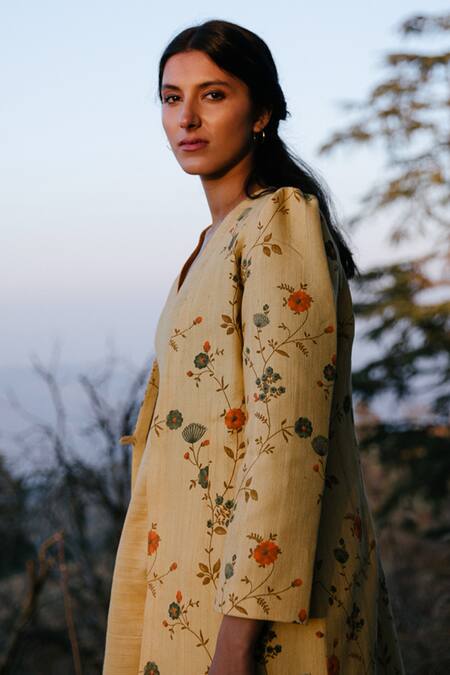 Label Earthen_Yellow Handloom Cotton Silk V Neck Jacket And Kurta Set _Online_at_Aza_Fashions