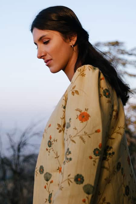 Shop_Label Earthen_Yellow Handloom Cotton Silk V Neck Jacket And Kurta Set _Online_at_Aza_Fashions