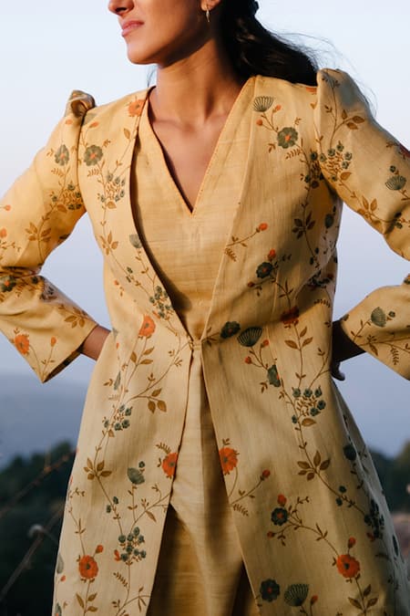 Label Earthen_Yellow Handloom Cotton Silk V Neck Jacket And Kurta Set _at_Aza_Fashions