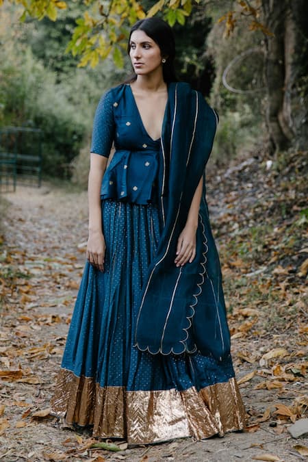 Buy_Label Earthen_Blue Chanderi Silk, Organza Gota Patti, Embroidery Midnight Lehenga Set For Kids_Online_at_Aza_Fashions