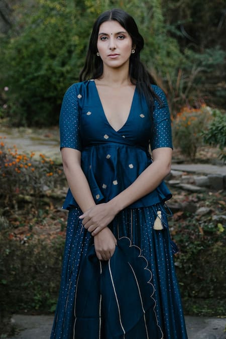 Shop_Label Earthen_Blue Chanderi Silk, Organza Gota Patti, Embroidery Midnight Lehenga Set For Kids_Online_at_Aza_Fashions