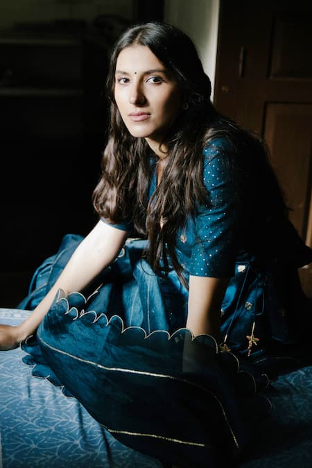 Label Earthen_Blue Chanderi Silk, Organza Gota Patti, Embroidery Midnight Lehenga Set For Kids_at_Aza_Fashions