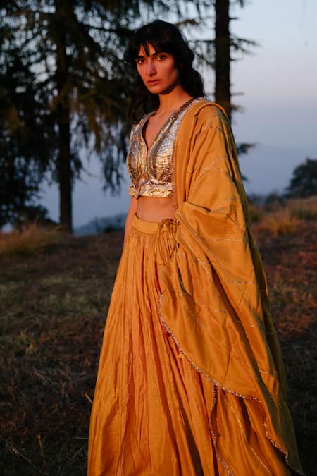 Label Earthen Yellow Chanderi Silk Lehenga Set For Kids