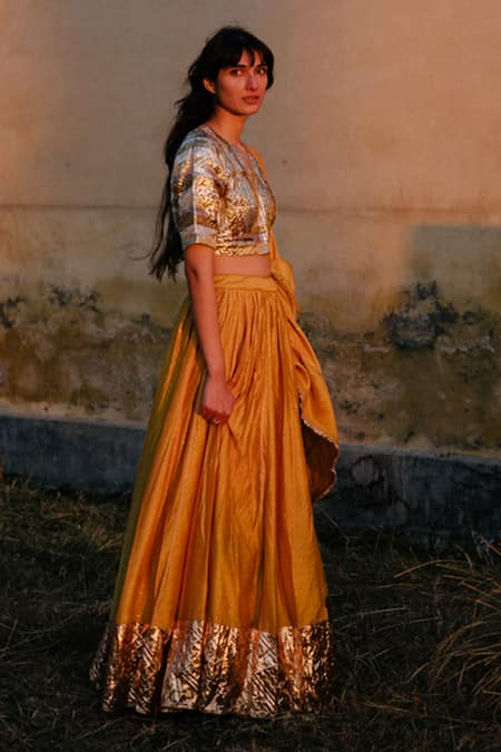 Label Earthen_Yellow Chanderi Silk, Organza Gota Patti, Embroidery Lehenga Set For Kids_Online_at_Aza_Fashions