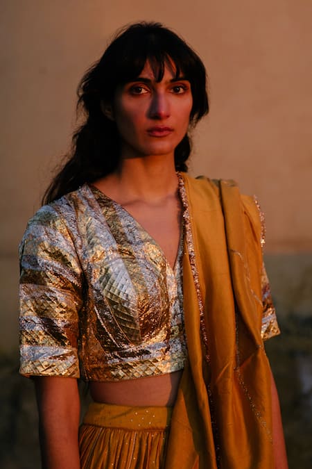 Buy_Label Earthen_Yellow Chanderi Silk, Organza Gota Patti, Embroidery Lehenga Set For Kids_Online_at_Aza_Fashions