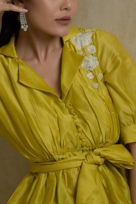 Itara_Green Silk Notched Collar Top And Pant Set_Online_at_Aza_Fashions