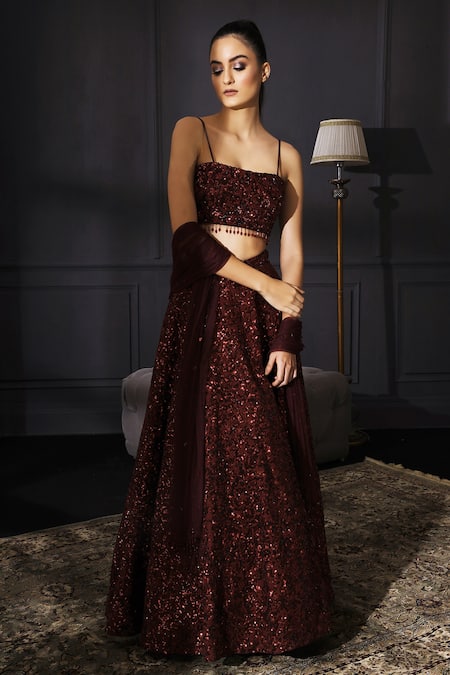 Mani Bhatia Maroon Raw Silk, Net Square Neck Sequin Embellished Lehenga Set 