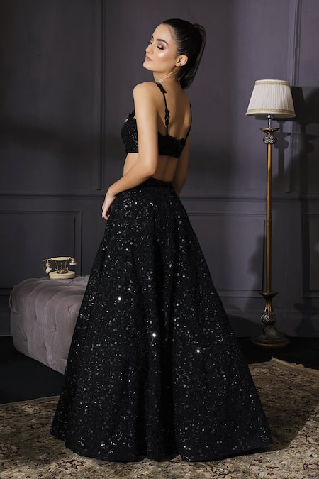Shop Mani Bhatia Black Raw Silk, Net Square Neck Sequin Embellished Lehenga Set at Aza Fashions Shop_Mani Bhatia_Black Raw Silk, Net Square Neck Sequin Embellished Lehenga Set _at_Aza_Fashions