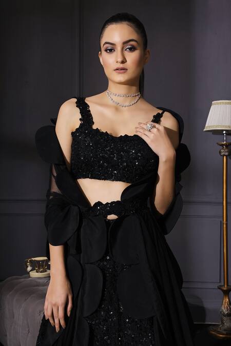 Mani Bhatia Black Raw Silk, Net Square Neck Sequin Embellished Lehenga Set Online at Aza Fashions Mani Bhatia_Black Raw Silk, Net Square Neck Sequin Embellished Lehenga Set _Online_at_Aza_Fashions