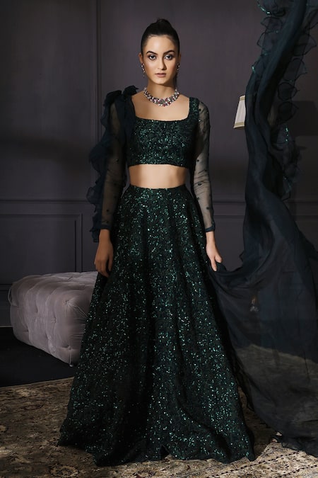 Mani Bhatia Green Raw , Net, Organza Square Neck Sequin Embellished Lehenga Set Online at Aza Fashions Mani Bhatia_Green Raw , Net, Organza Square Neck Sequin Embellished Lehenga Set _Online_at_Aza_Fashions