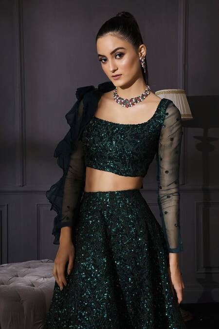 Mani Bhatia Green Raw , Net, Organza Square Neck Sequin Embellished Lehenga Set at Aza Fashions Mani Bhatia_Green Raw , Net, Organza Square Neck Sequin Embellished Lehenga Set _at_Aza_Fashions