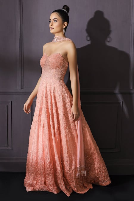 Mani Bhatia Peach Organza Sweetheart Neck Bandeau Flared Gown With Stole 