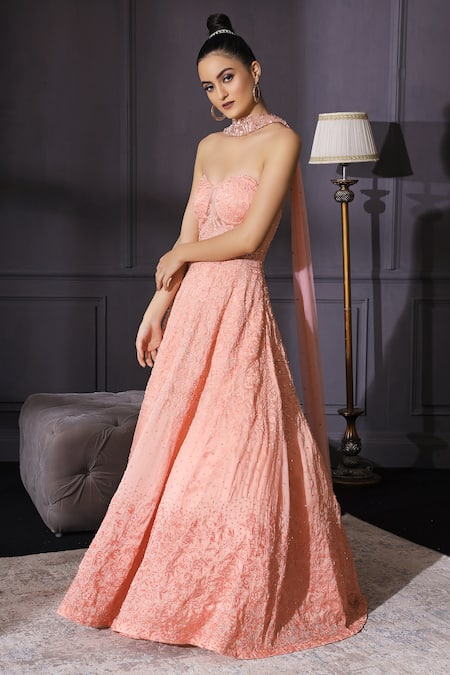 Shop_Mani Bhatia_Peach Organza Sweetheart Neck Bandeau Flared Gown With Stole _at_Aza_Fashions