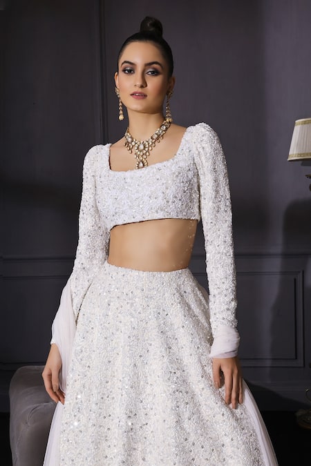 Shop Mani Bhatia White Raw Silk, Net Square Neck Sequin Embellished Bridal Lehenga Set at Aza Fashions Shop_Mani Bhatia_White Raw Silk, Net Square Neck Sequin Embellished Bridal Lehenga Set _at_Aza_Fashions