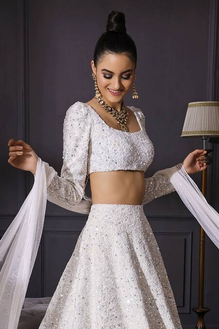 Mani Bhatia White Raw Silk, Net Square Neck Sequin Embellished Bridal Lehenga Set Online at Aza Fashions Mani Bhatia_White Raw Silk, Net Square Neck Sequin Embellished Bridal Lehenga Set _Online_at_Aza_Fashions