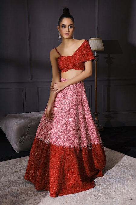 Shop Mani Bhatia Red Raw Silk, Net Square Neck Sequin Embellished Lehenga Set at Aza Fashions Shop_Mani Bhatia_Red Raw Silk, Net Square Neck Sequin Embellished Lehenga Set _at_Aza_Fashions