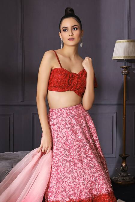 Mani Bhatia Red Raw Silk, Net Square Neck Sequin Embellished Lehenga Set Online at Aza Fashions Mani Bhatia_Red Raw Silk, Net Square Neck Sequin Embellished Lehenga Set _Online_at_Aza_Fashions