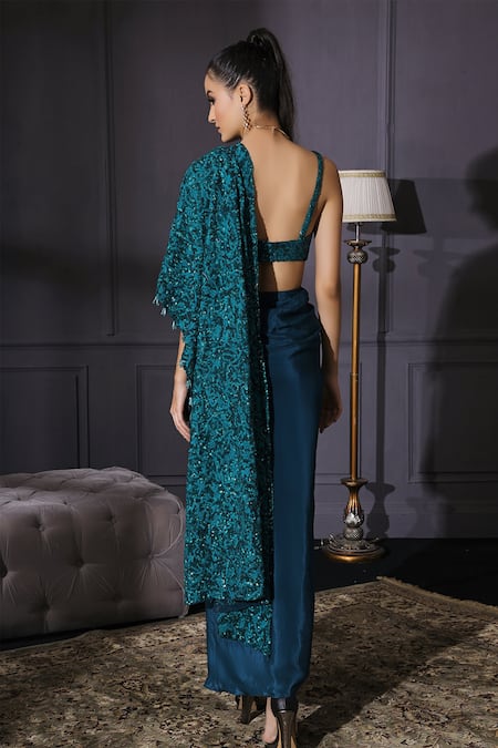 Shop Mani Bhatia Blue Organza, Net, Satin Sweetheart Neck Pre-draped Saree With Blouse at Aza Fashions Shop_Mani Bhatia_Blue Organza, Net, Satin Sweetheart Neck Pre-draped Saree With Blouse _at_Aza_Fashions