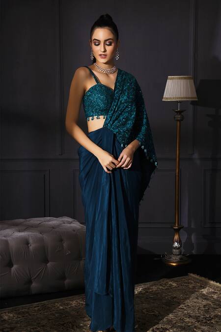 Mani Bhatia Blue Organza, Net, Satin Sweetheart Neck Pre-draped Saree With Blouse Online at Aza Fashions Mani Bhatia_Blue Organza, Net, Satin Sweetheart Neck Pre-draped Saree With Blouse _Online_at_Aza_Fashions