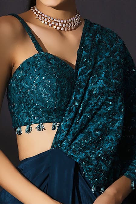 Buy Mani Bhatia Blue Organza, Net, Satin Sweetheart Neck Pre-draped Saree With Blouse Online at Aza Fashions Buy_Mani Bhatia_Blue Organza, Net, Satin Sweetheart Neck Pre-draped Saree With Blouse _Online_at_Aza_Fashions