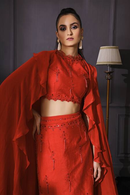 Mani Bhatia_Red Dupion Silk Round Ruffle Cape And Slit Skirt Set _Online_at_Aza_Fashions