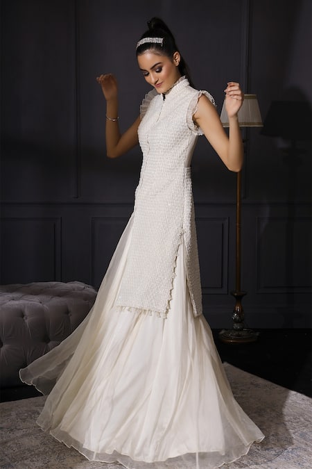 Mani Bhatia White Raw Silk Mandarin Collar Bead Embellished Jacket And Skirt Set 