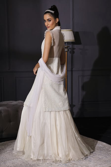 Shop Mani Bhatia White Raw Silk Mandarin Collar Bead Embellished Jacket And Skirt Set at Aza Fashions Shop_Mani Bhatia_White Raw Silk Mandarin Collar Bead Embellished Jacket And Skirt Set _at_Aza_Fashions