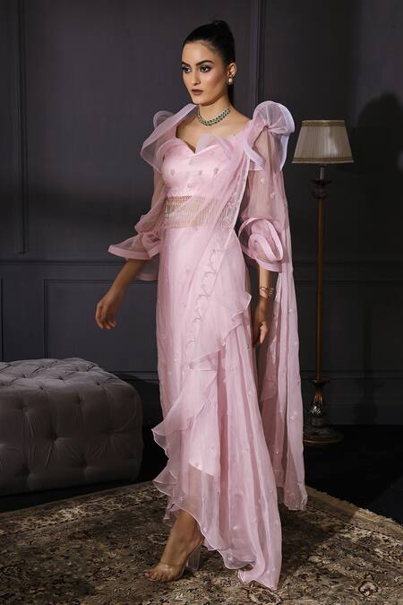 Mani Bhatia Pink Satin Sweetheart Neck Organza Pre-draped Ruffle Saree With Blouse Online at Aza Fashions Mani Bhatia_Pink Satin Sweetheart Neck Organza Pre-draped Ruffle Saree With Blouse _Online_at_Aza_Fashions