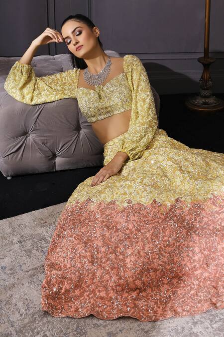 Mani Bhatia Yellow Raw Silk, Organza, Net Sweetheart Neck Sequin Embellished Lehenga Set Online at Aza Fashions Mani Bhatia_Yellow Raw Silk, Organza, Net Sweetheart Neck Sequin Embellished Lehenga Set _Online_at_Aza_Fashions