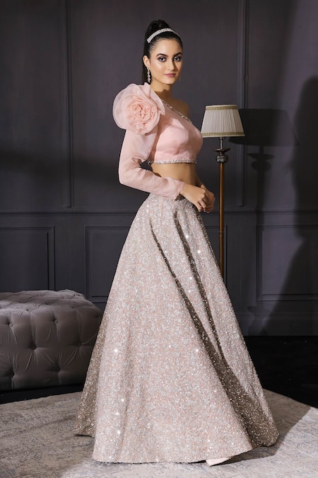 Mani Bhatia_Silver Raw Silk, Organza Satin Asymmetric One Shoulder Blouse And Lehenga Set _Online_at_Aza_Fashions