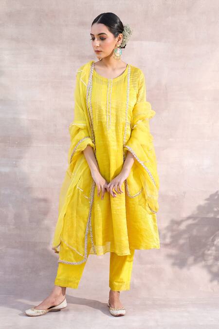 Buy Label Mansi Nagdev Yellow Tissue, Chanderi Beads Round Neck Kiran A-line Kurta Set Online at Aza Fashions Buy_Label Mansi Nagdev_Yellow Tissue, Chanderi Beads Round Neck Kiran A-line Kurta Set _Online_at_Aza_Fashions