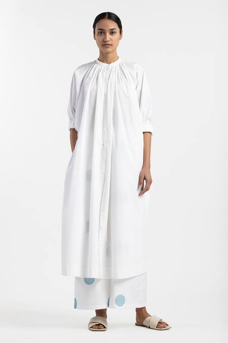 Three White Cotton Poplin Round Gathered-neck Tunic And Pant Set With Scarf