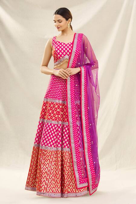 Vandana Sethi_Multi Color Banarasi Chanderi Leaf Neck Lehenga Set_Online_at_Aza_Fashions