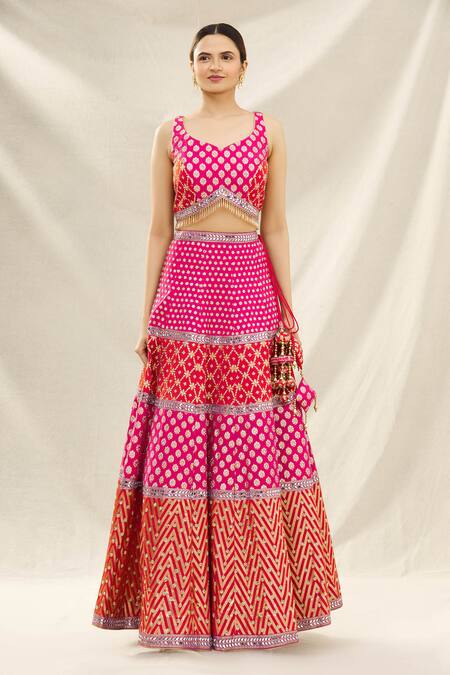 Buy_Vandana Sethi_Multi Color Banarasi Chanderi Leaf Neck Lehenga Set_Online_at_Aza_Fashions