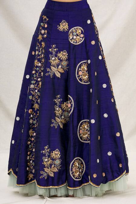 Shop_Neha Mehta Couture_Blue Silk V Neck Embroidered Bridal Lehenga Set _Online_at_Aza_Fashions